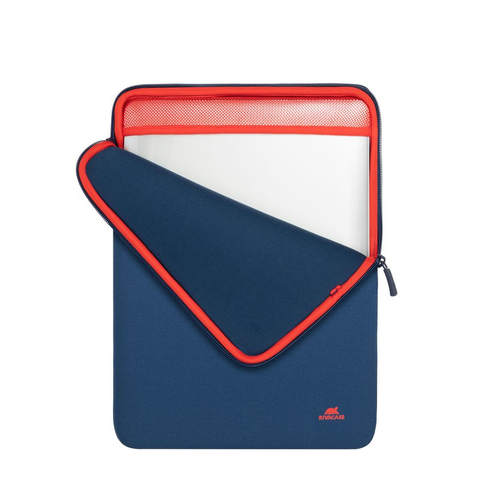 Custodia blu scuro per laptop con cerniera e finiture rosse.