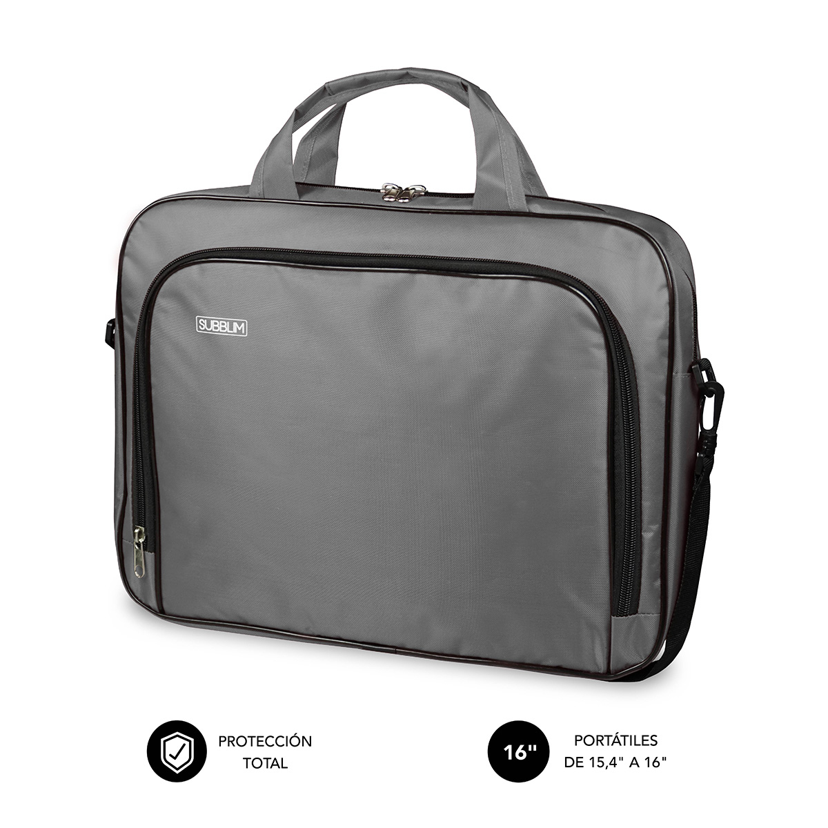 Borsa grigia per laptop con manici, cerniere e tracolla. Loghi in basso.