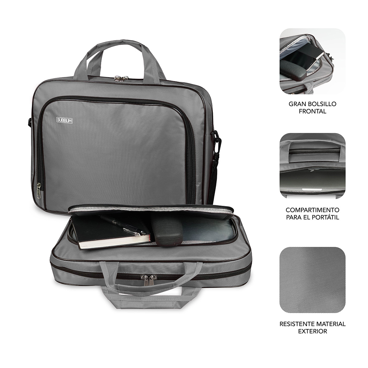 Borsa grigia per laptop, aperta per mostrare scomparti interni, libro, penna e occhiali.