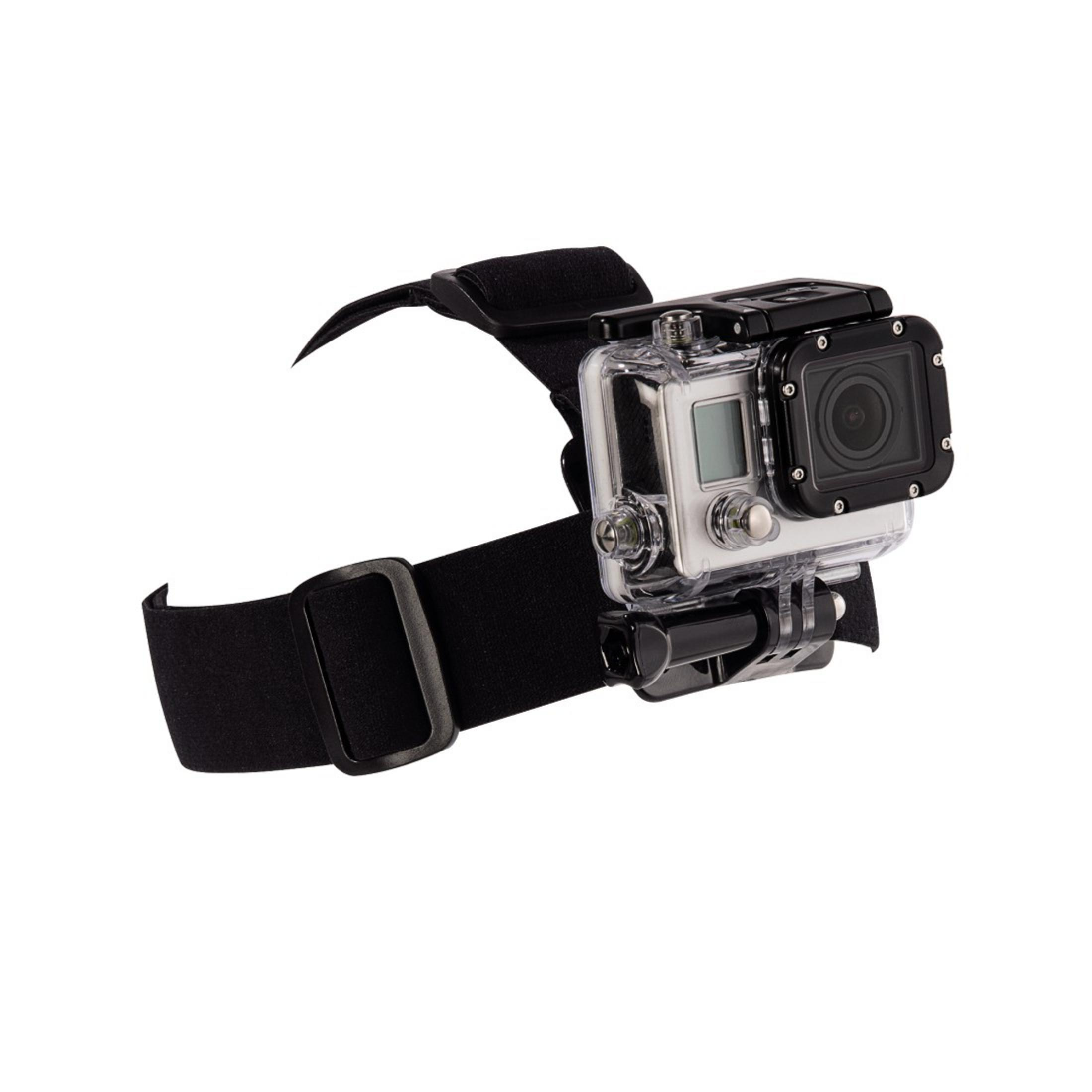 Fascia nera per la testa con action camera in custodia trasparente su sfondo bianco.