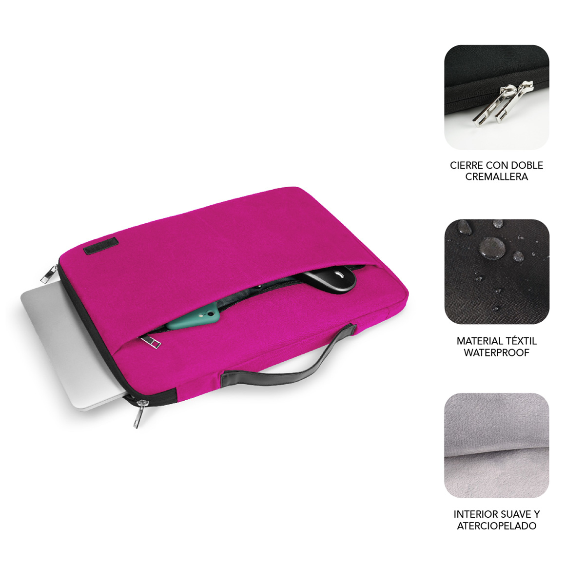 Una funda para portátil rosa con un portátil y accesorios dentro.