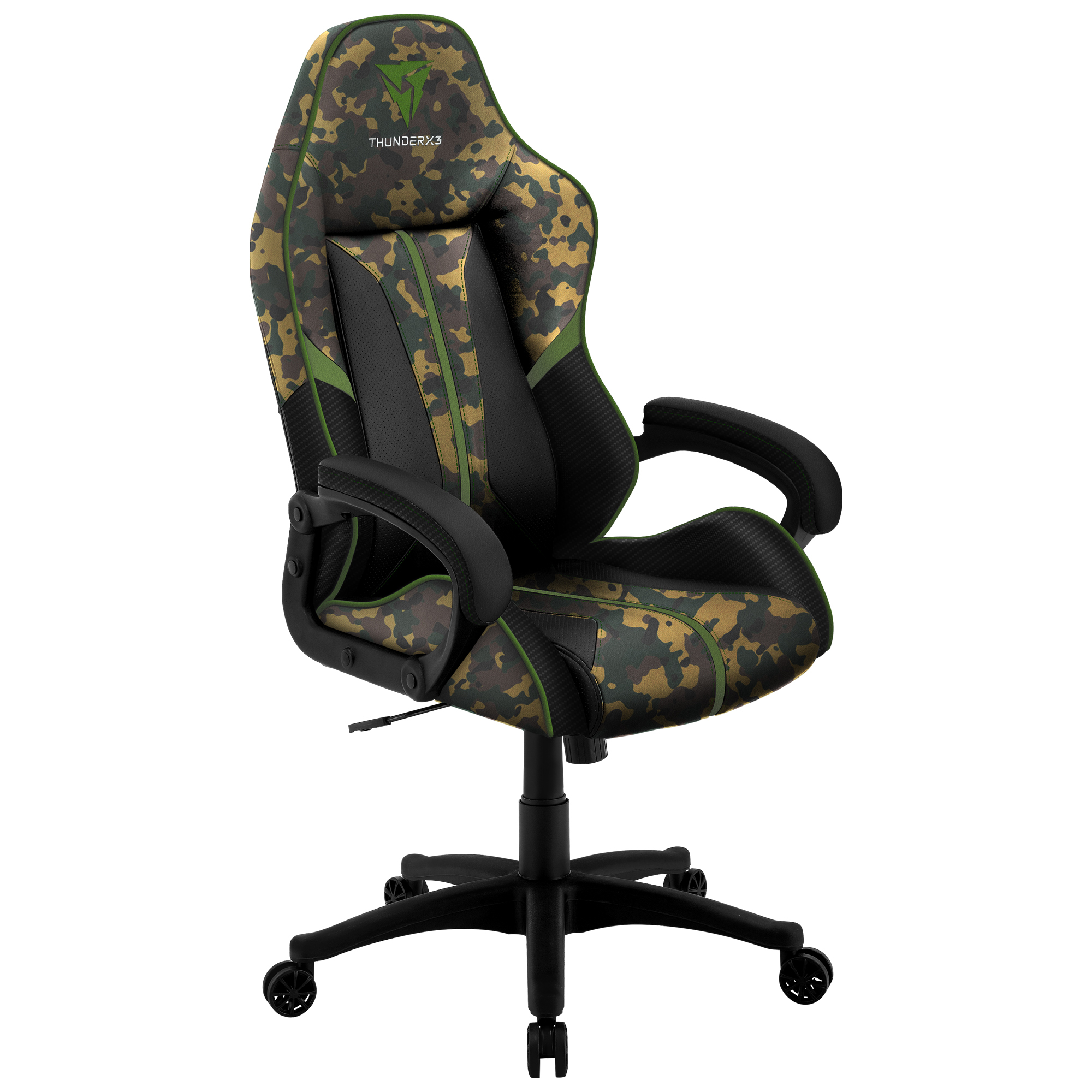 A camouflage gaming chair with green and brown patterns and black accents.