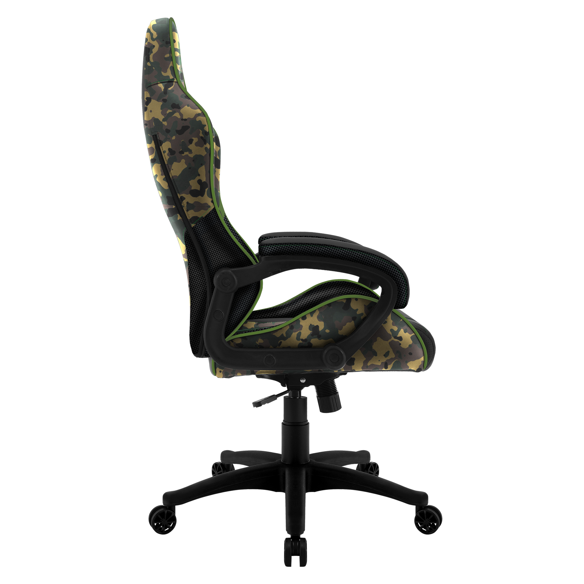A camouflage office chair with seat, back, and armrests.