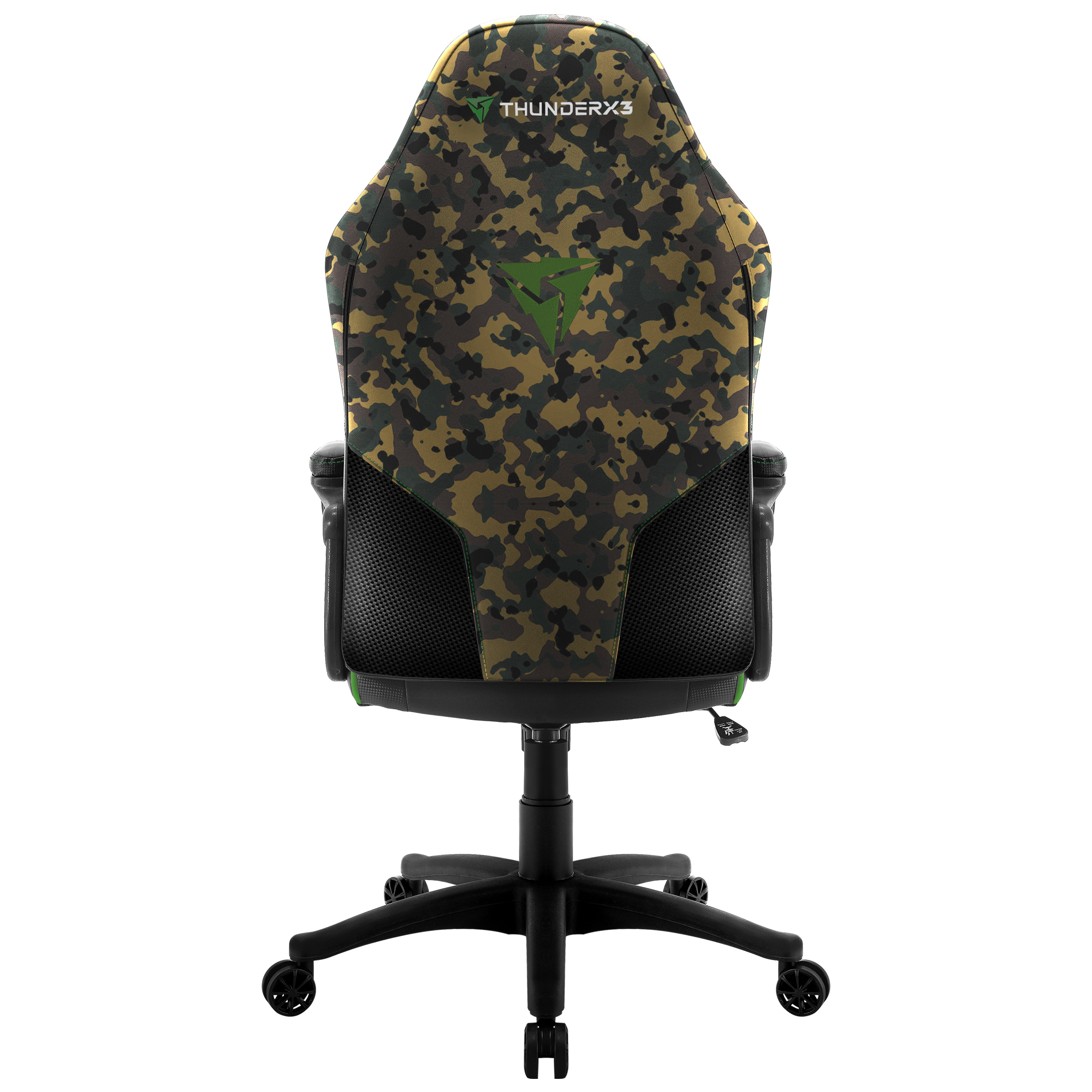 Gaming chair with camouflage pattern, black base and wheels.