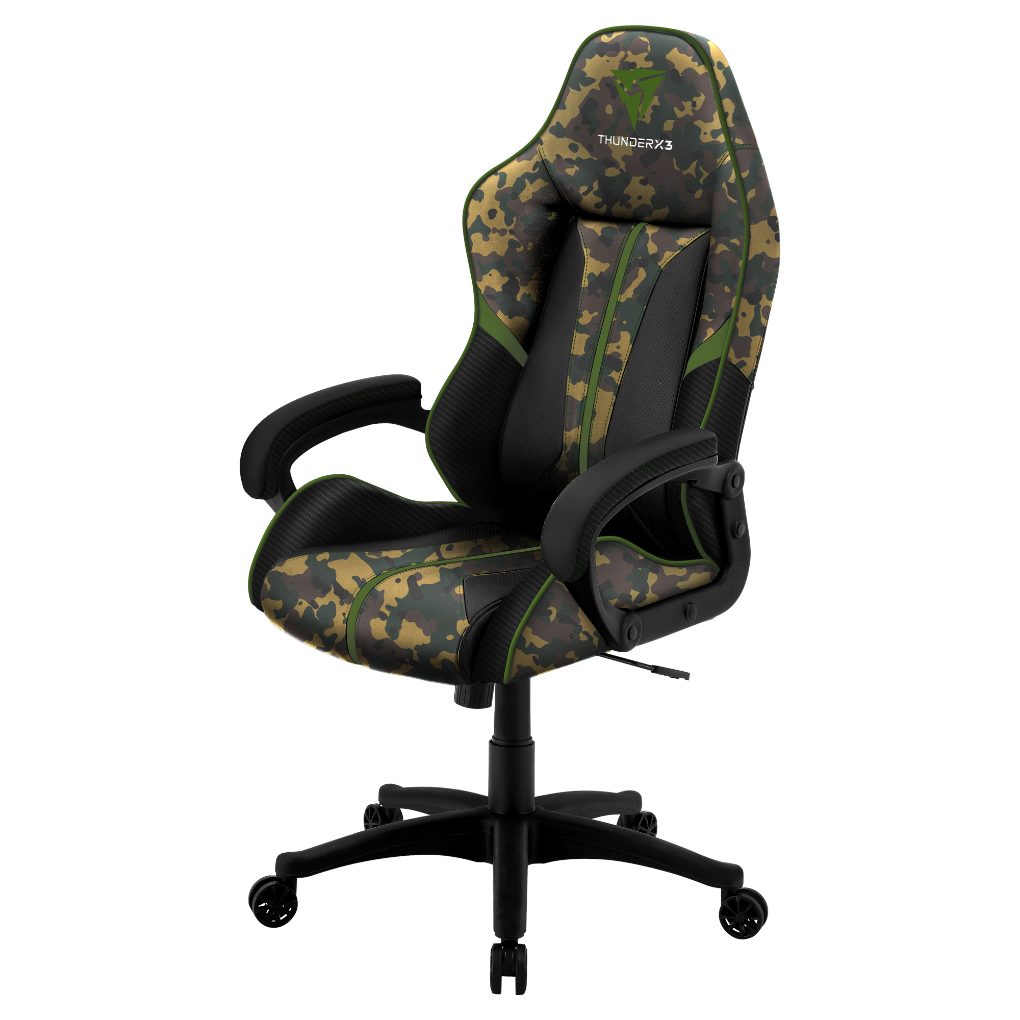 A green camouflage gaming chair with black accents and wheels.