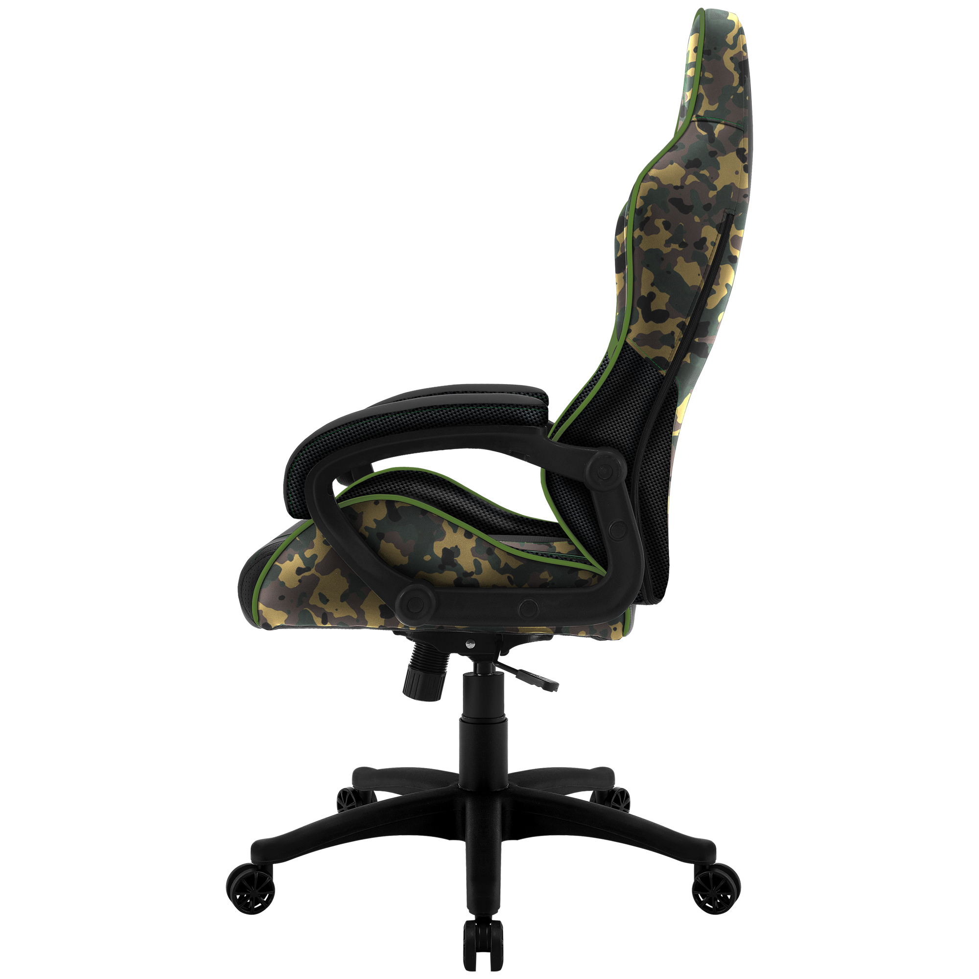 A black office chair with a camouflage pattern and green trim.