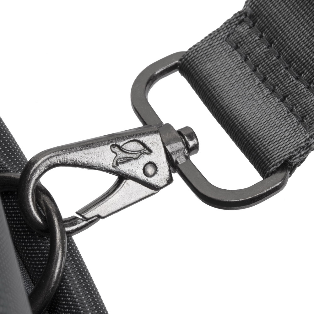 A silver lobster clasp with a stylized bird logo attached to a dark fabric bag.
