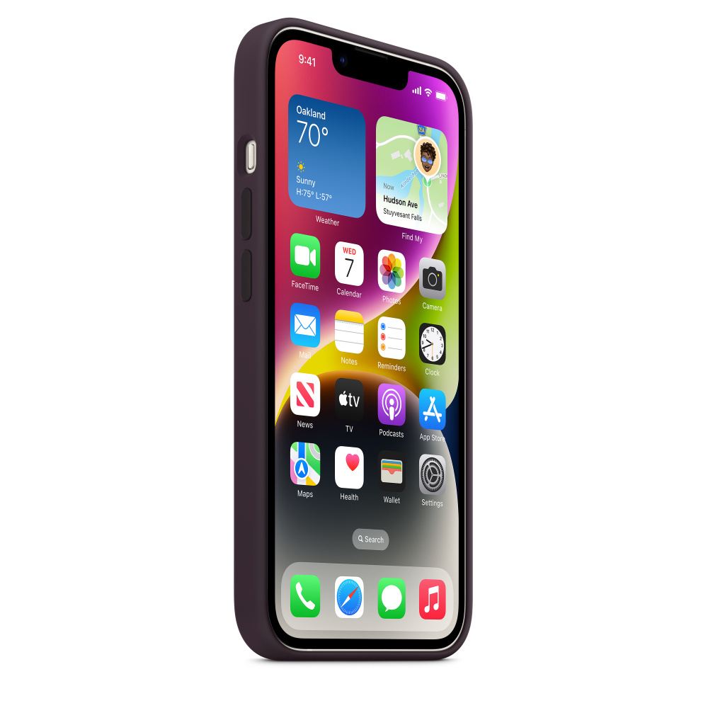 Ciemnofioletowy iPhone w etui wyświetla ekran główny z ikonami pogody i aplikacji.