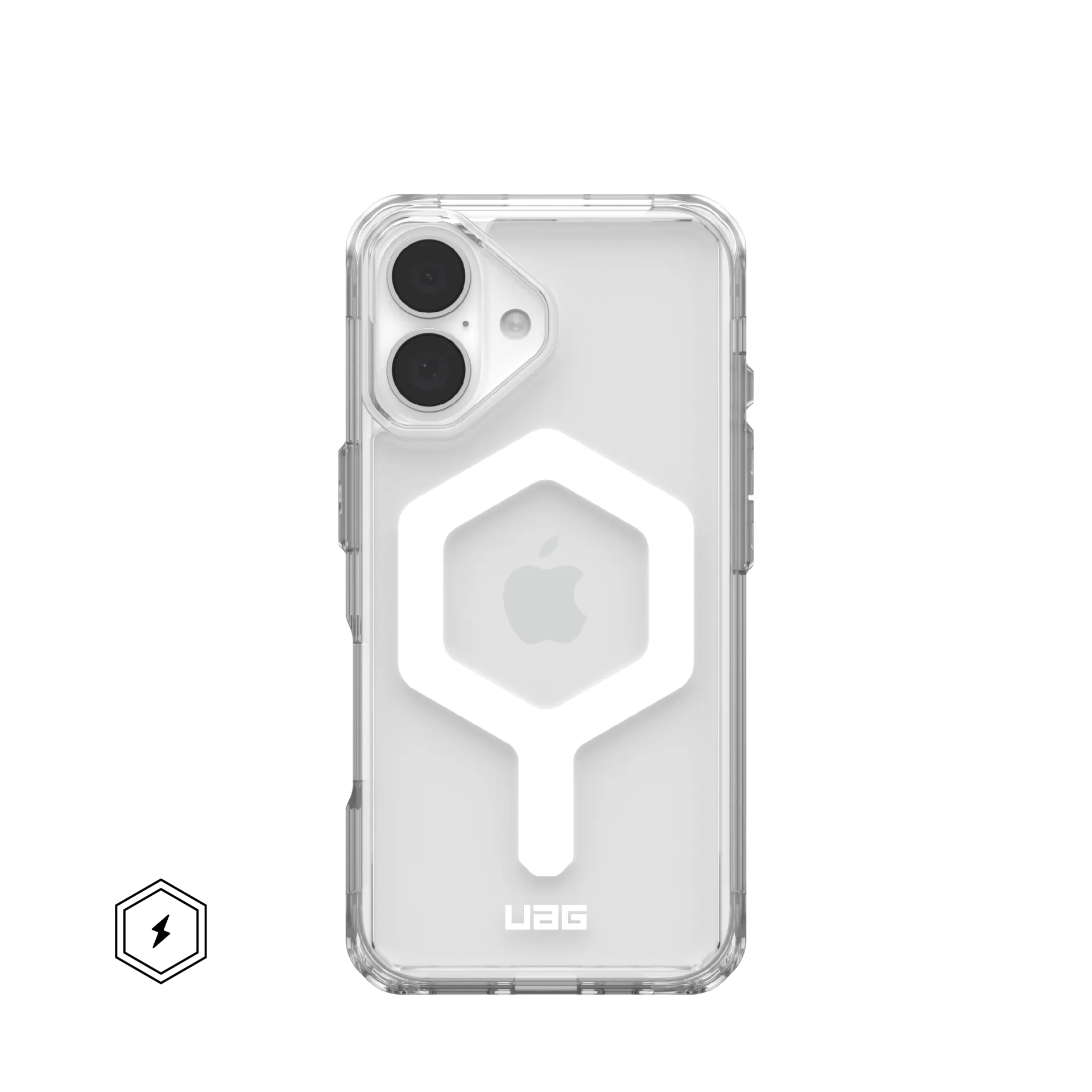 Eine durchsichtige Handyhülle mit einem weißen sechseckigen Design auf der Rückseite, das das Apple-Logo zeigt.
