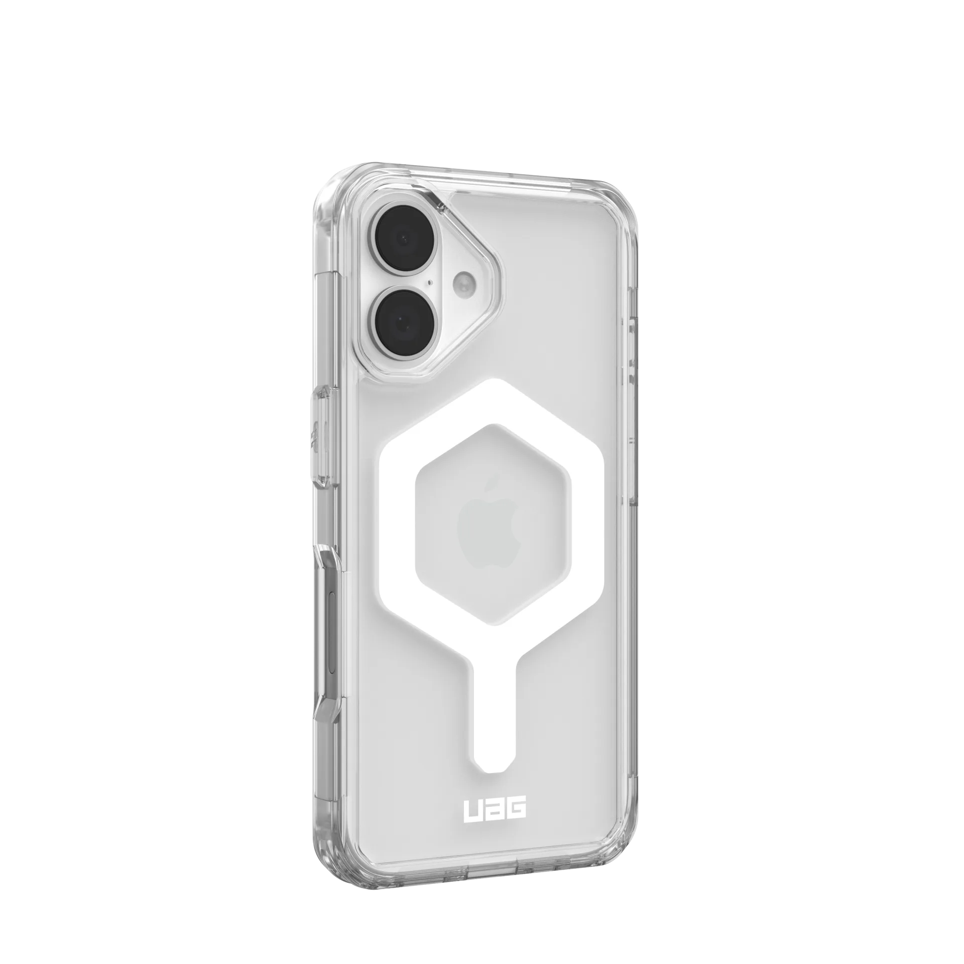 Durchsichtiges iPhone-Case mit weißem sechseckigem Muster und Kameras auf der Rückseite.