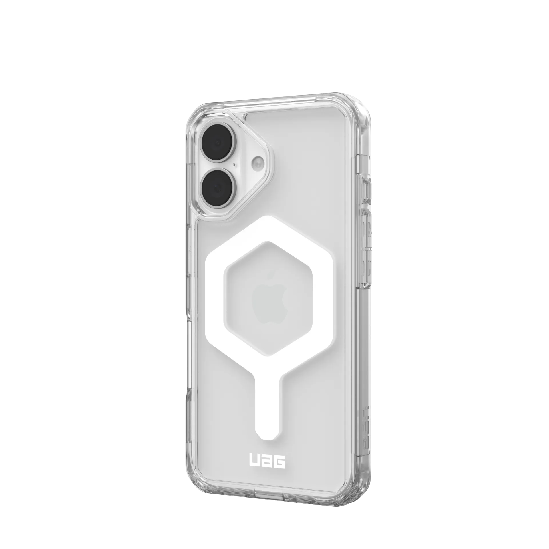 Transparente iPhone-Hülle mit weißem sechseckigem Design und Kamerainsel.
