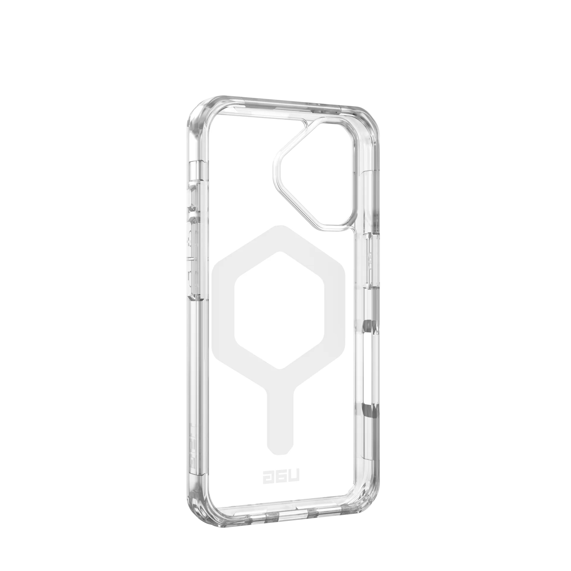 Transparente Handyhülle mit weißem Sechskant-Logo und Kameraaussparung.