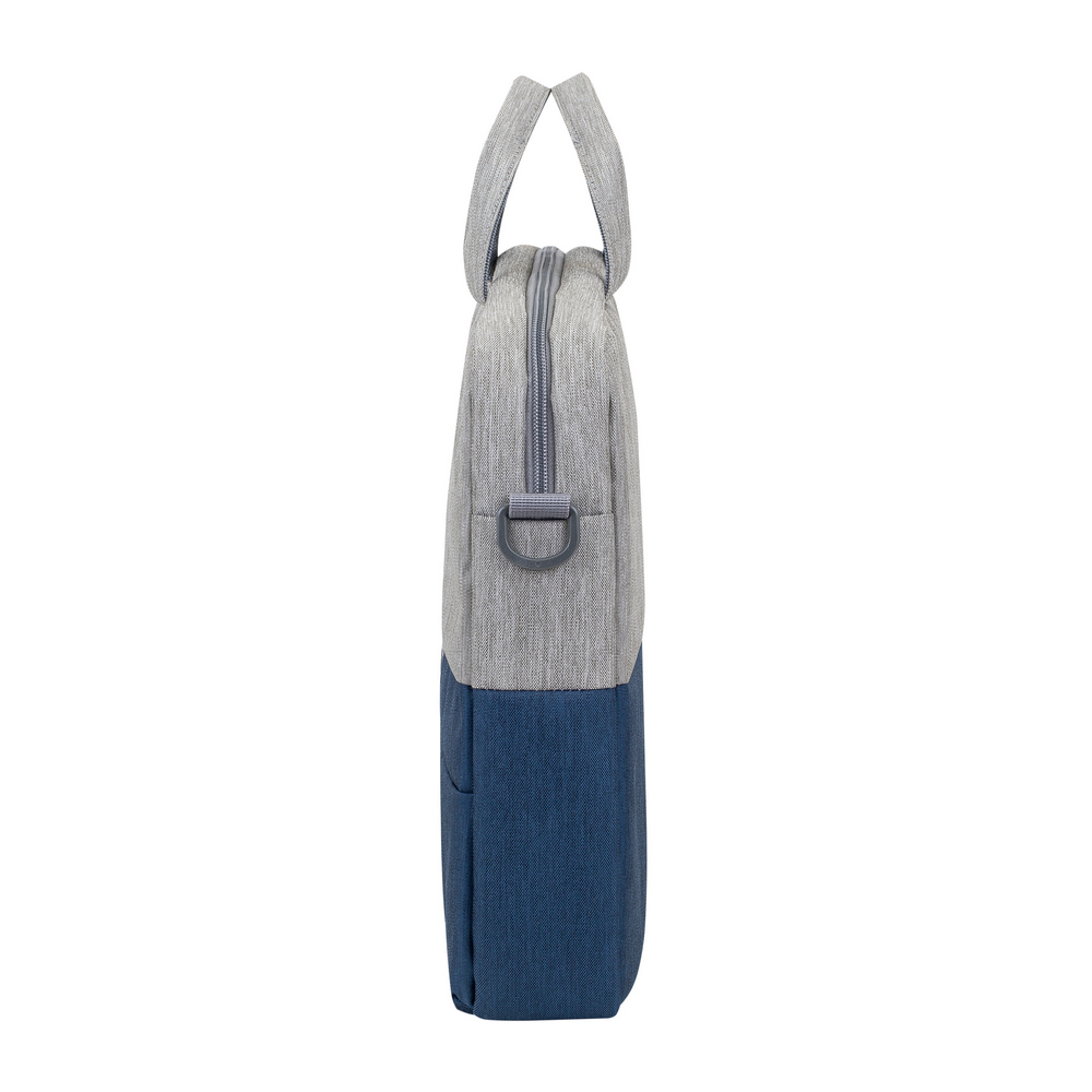 Borsa grigia e blu per laptop con manici e cerniera.