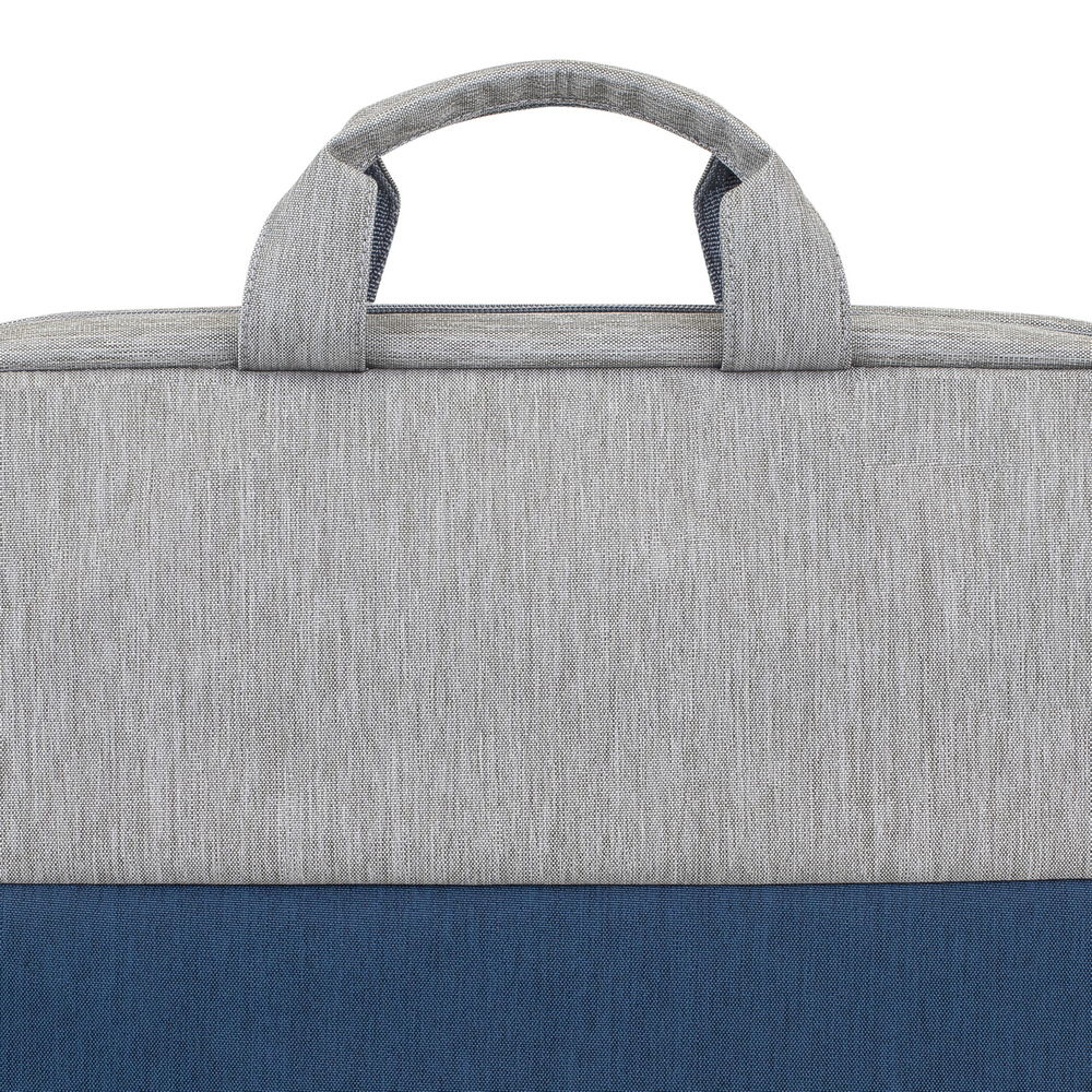 Borsa grigia e blu per laptop con manico.