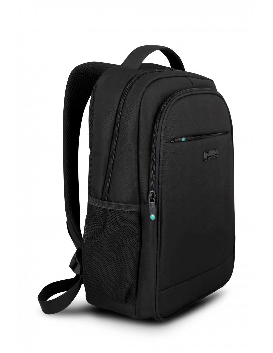 Schwarzer Rucksack mit mehreren Fächern und Reißverschlüssen, Mesh-Seitentaschen.