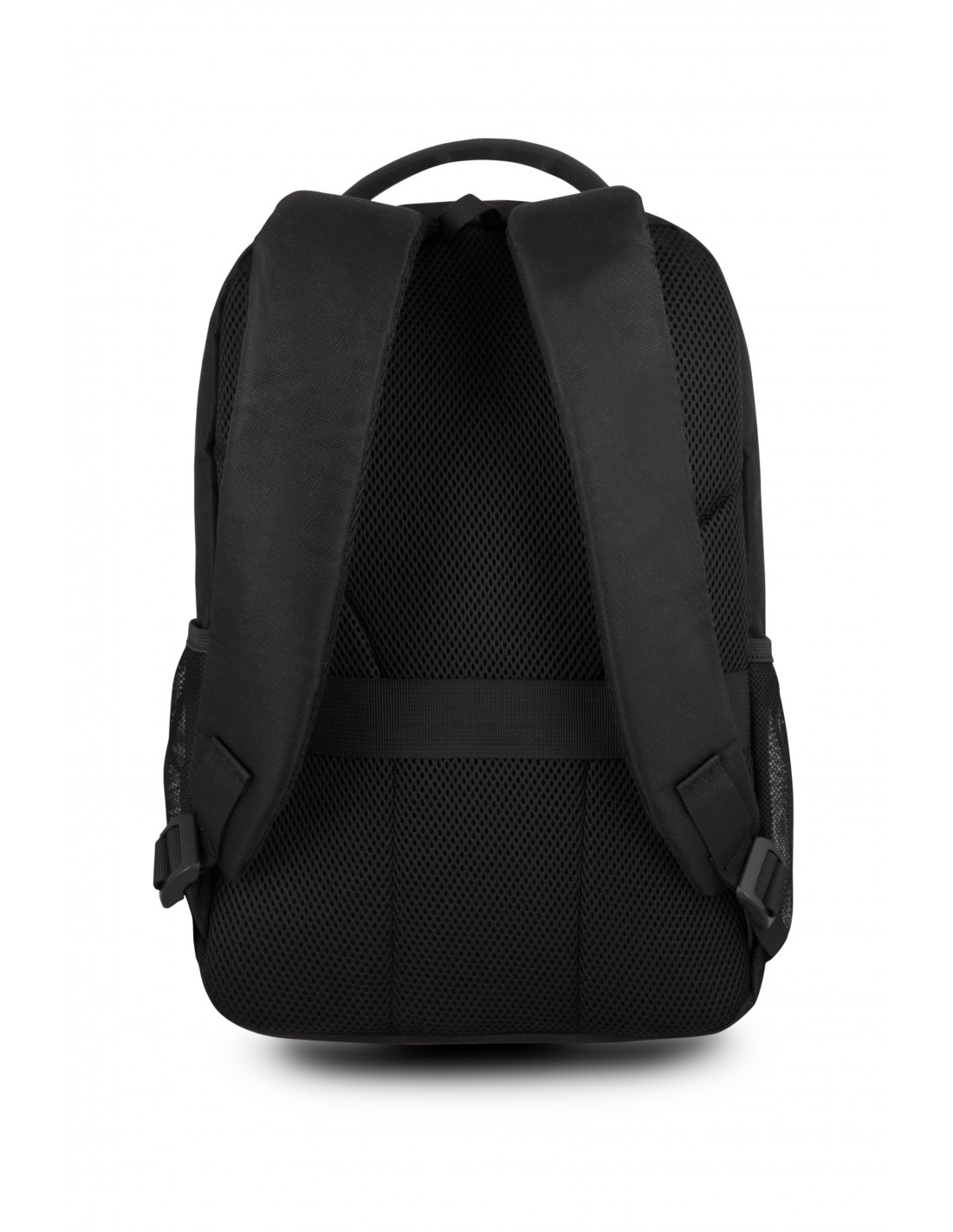 Rückseite eines schwarzen Rucksacks mit gepolsterten Trägern und Netzrücken.