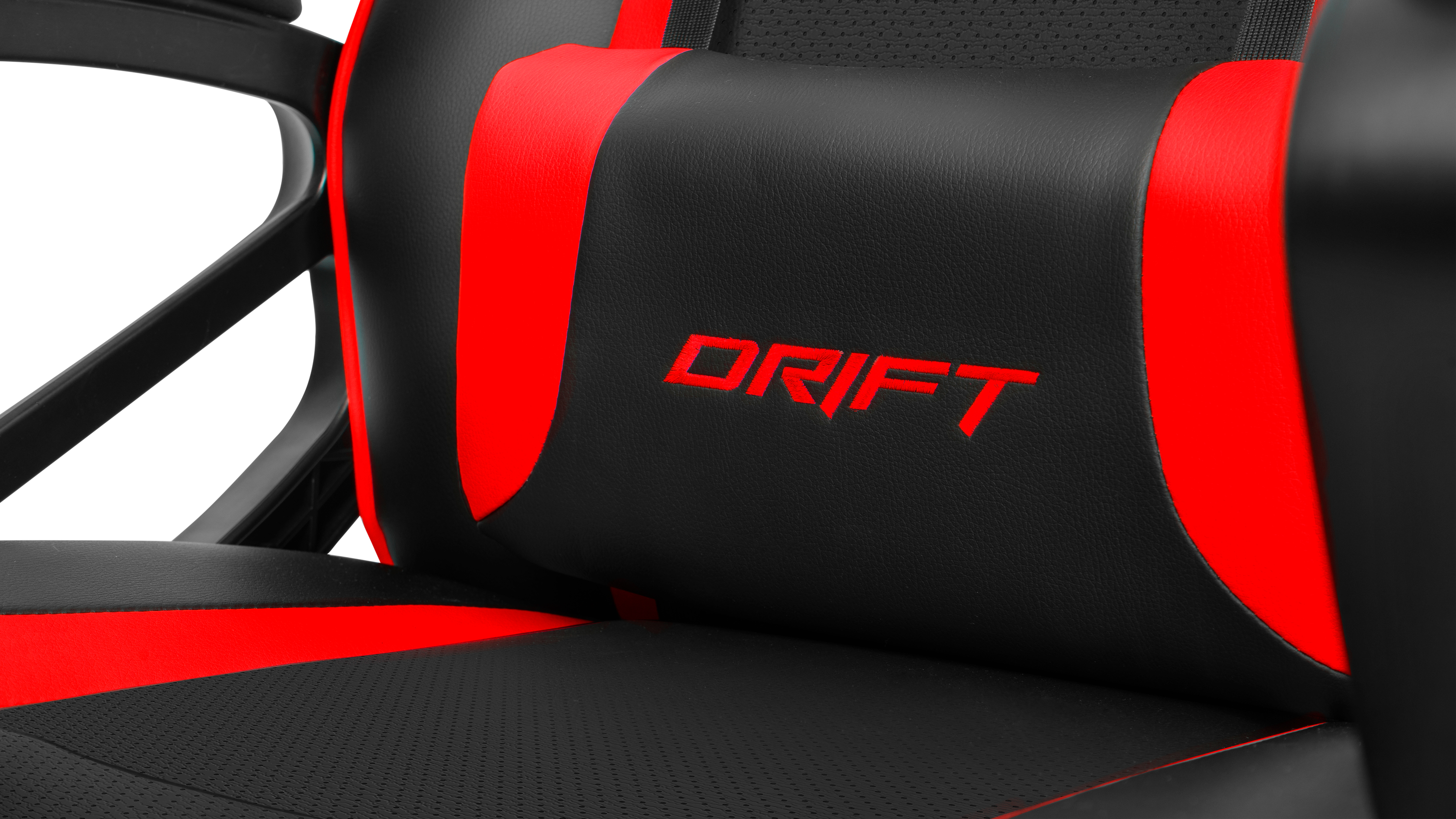 Una silla gamer negra con detalles rojos y el logo DRIFT.
