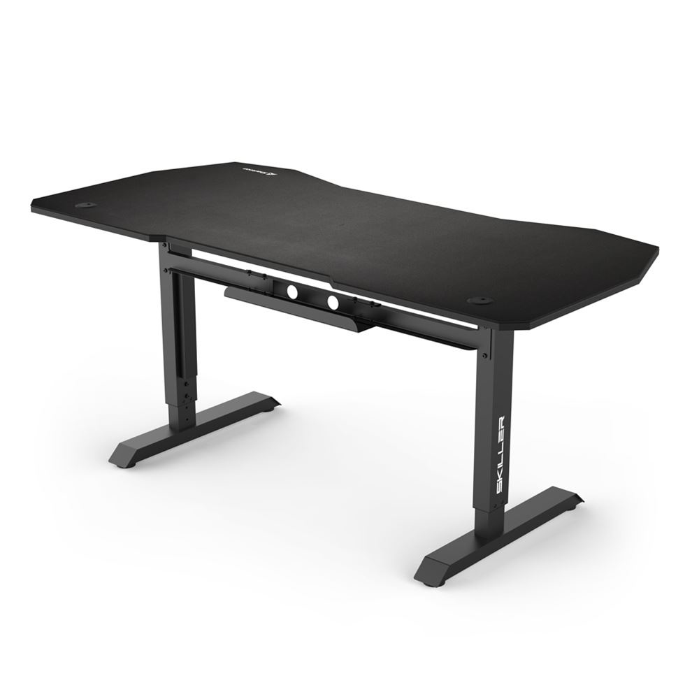 Un escritorio negro con tapa curva y patas de metal.