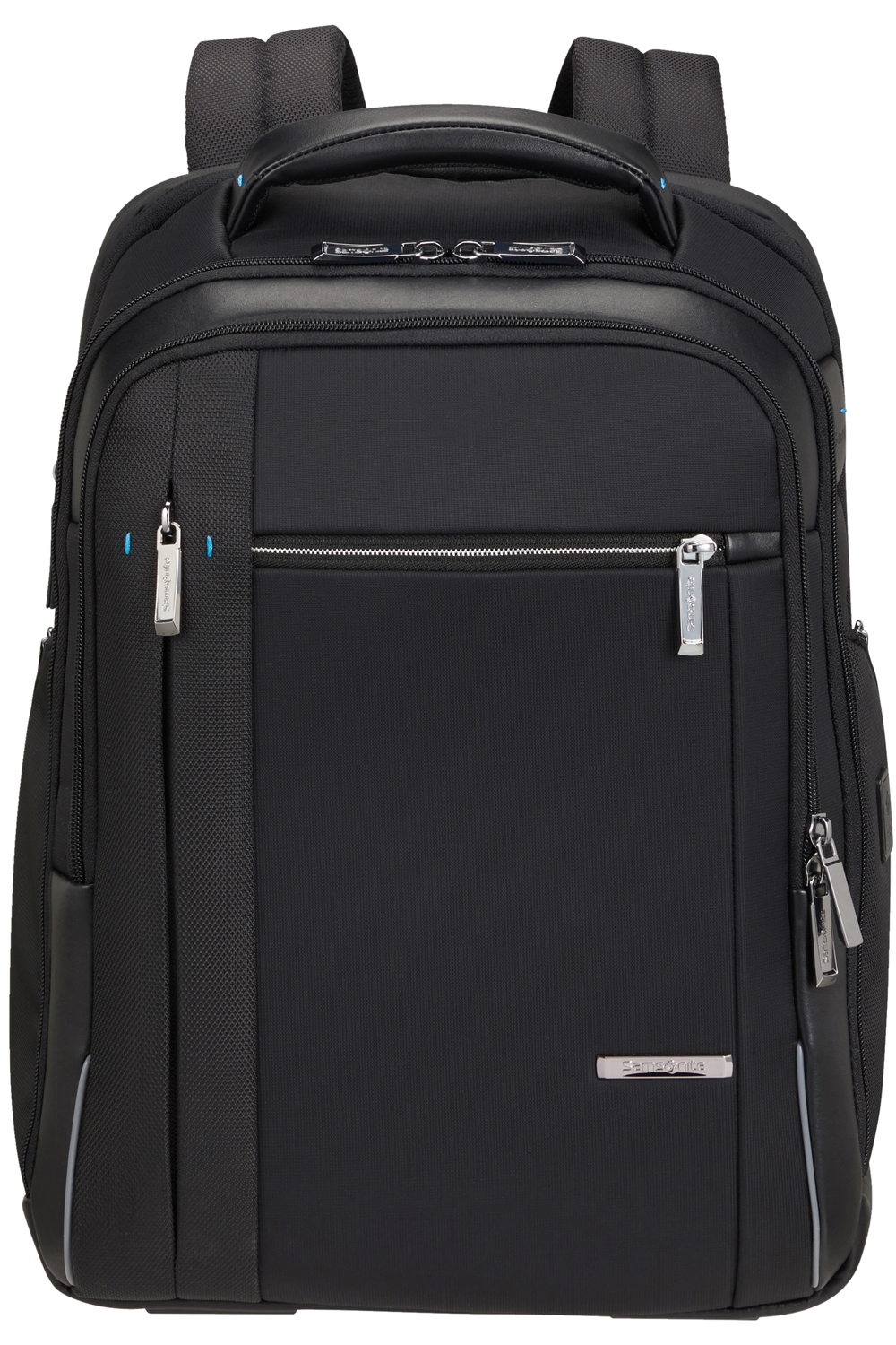 Schwarzer Rucksack mit mehreren Reißverschlusstaschen und Logo.