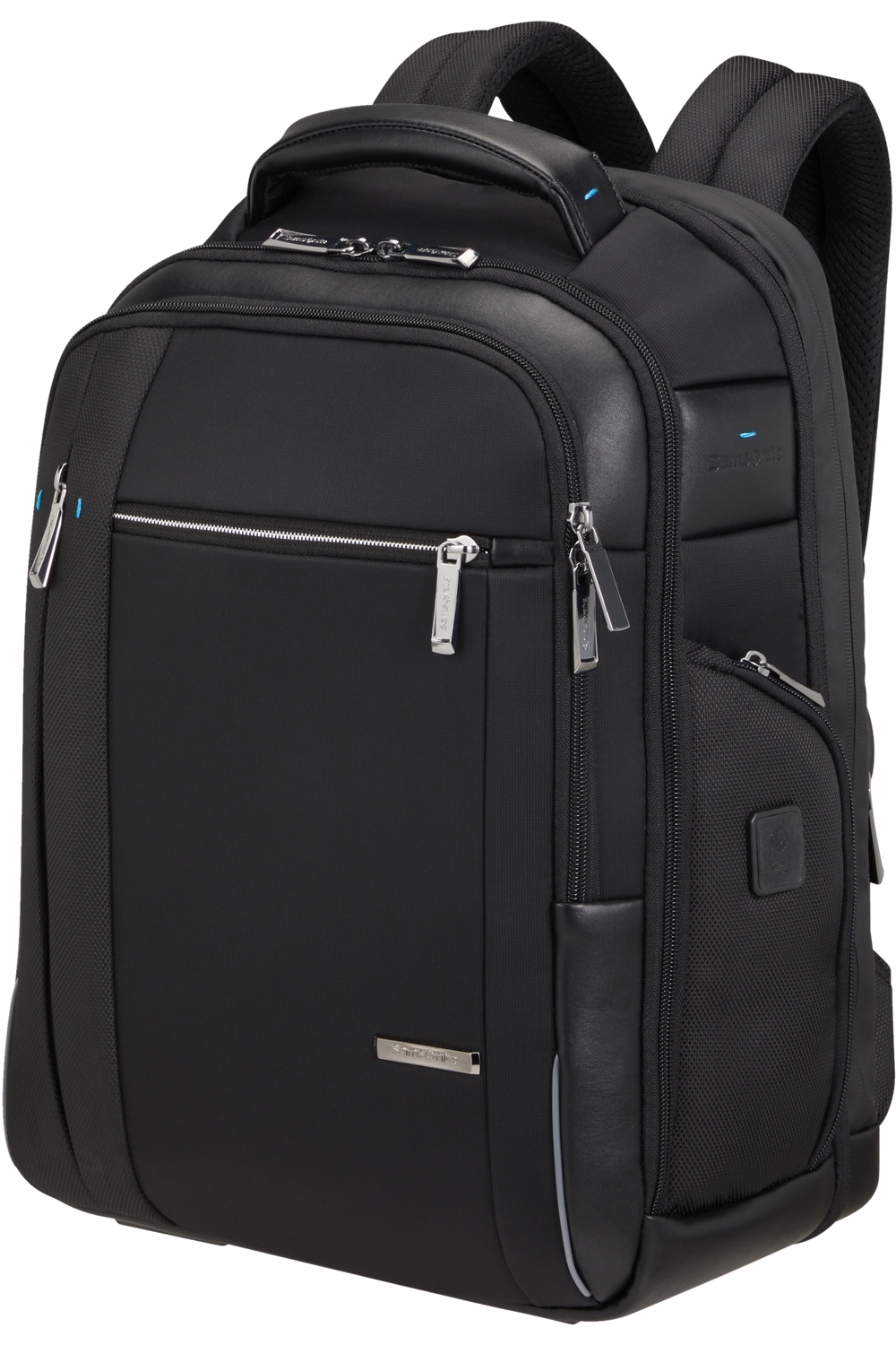 Schwarzer Rucksack mit Lederdetails und silbernen Reißverschlüssen.
