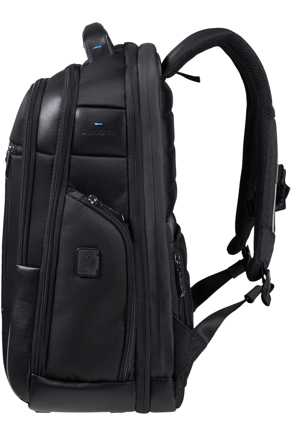 Schwarzer Samsonite Rucksack mit gepolsterten Trägern und mehreren Fächern.