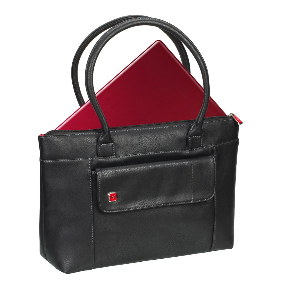 Borsa nera con laptop rosso che spunta. Sfondo bianco.