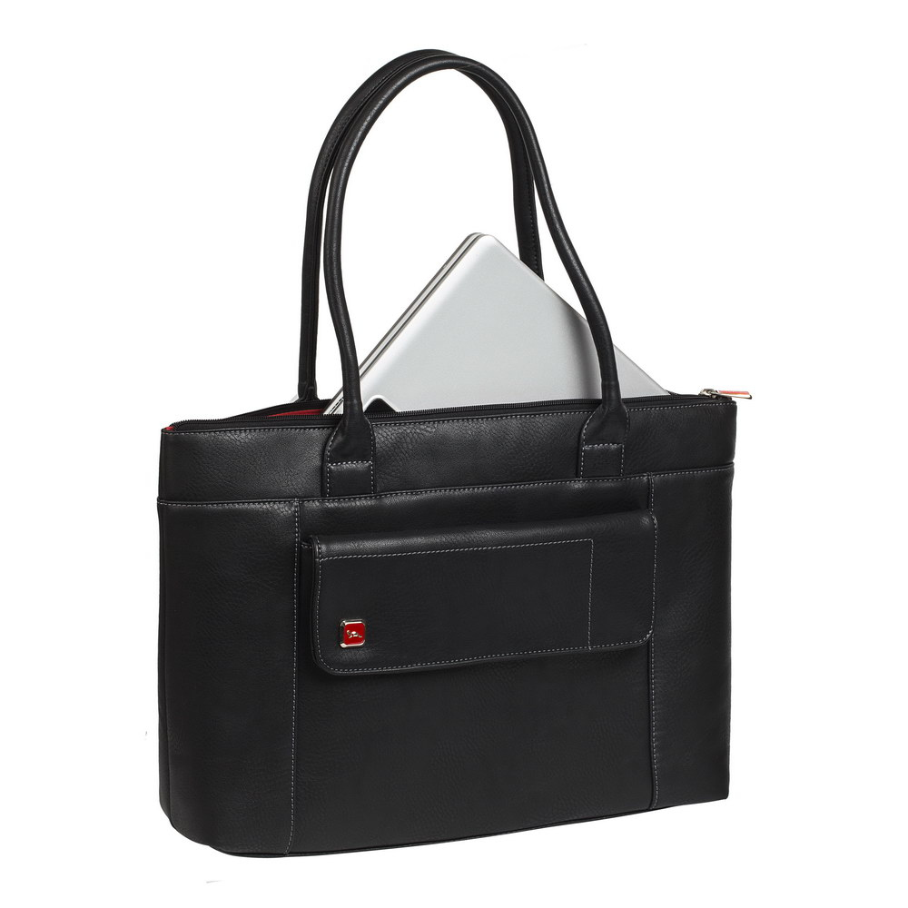 Borsa tote nera in pelle con laptop argentato, cuciture bianche e tasca frontale.