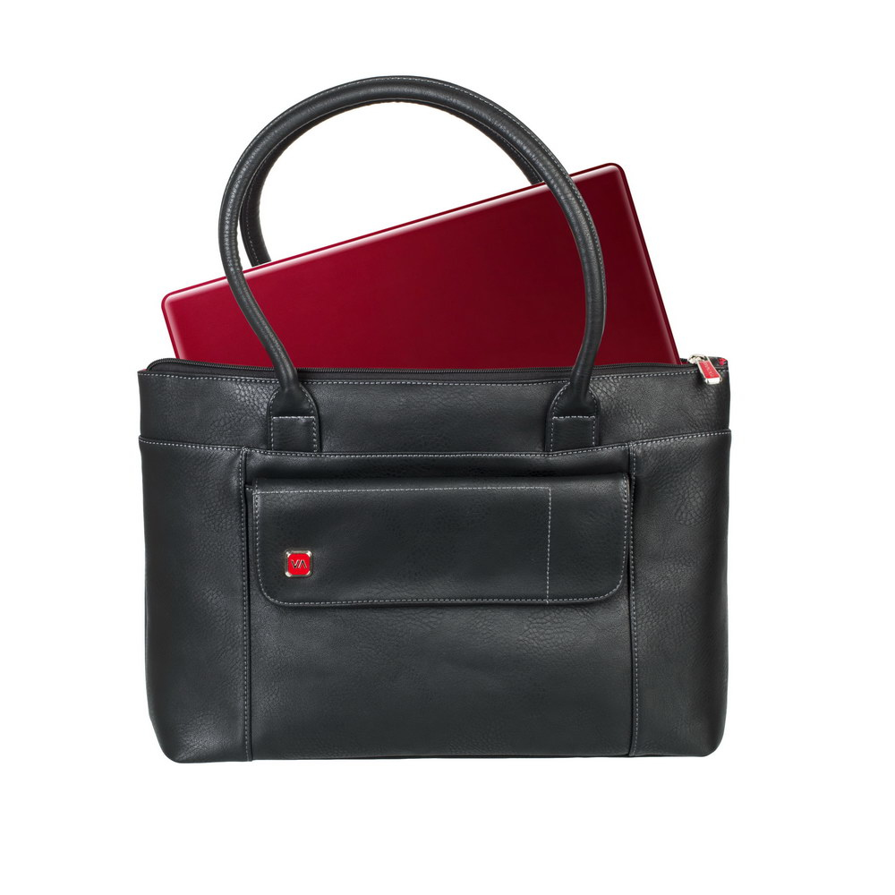 Una borsa tote nera con un laptop rosso parzialmente all'interno. Dettagli cuciture bianche.
