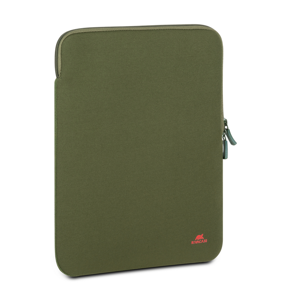 Una custodia verde oliva per laptop con cerniera e logo rosso.