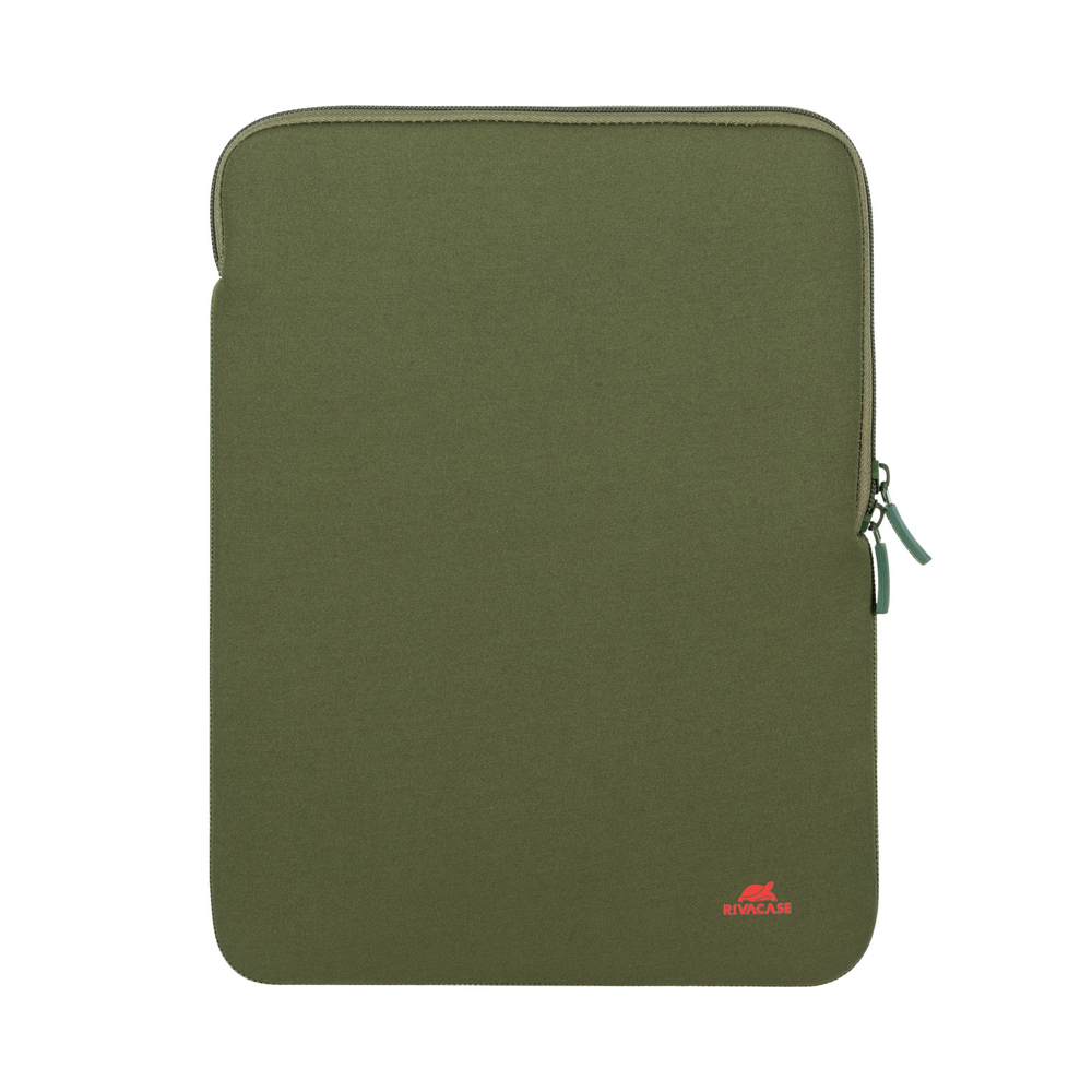 Una custodia verde per laptop con logo RIVACASE rosso e cerniera.