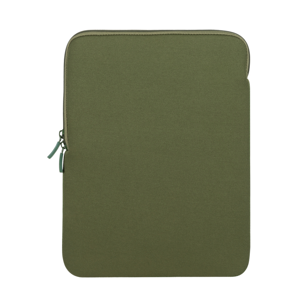 Una custodia verde oliva per laptop con cerniera e due tiretti.