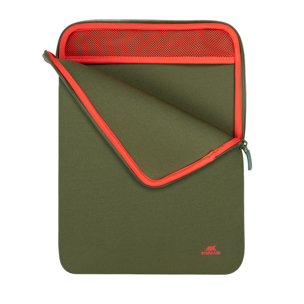 Una custodia per laptop verde oliva con cerniera arancione e fodera in rete.
