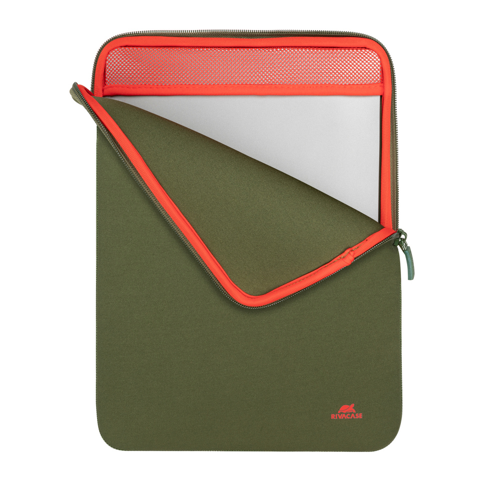 Una custodia verde per laptop con cerniera rossa e dettaglio in rete.