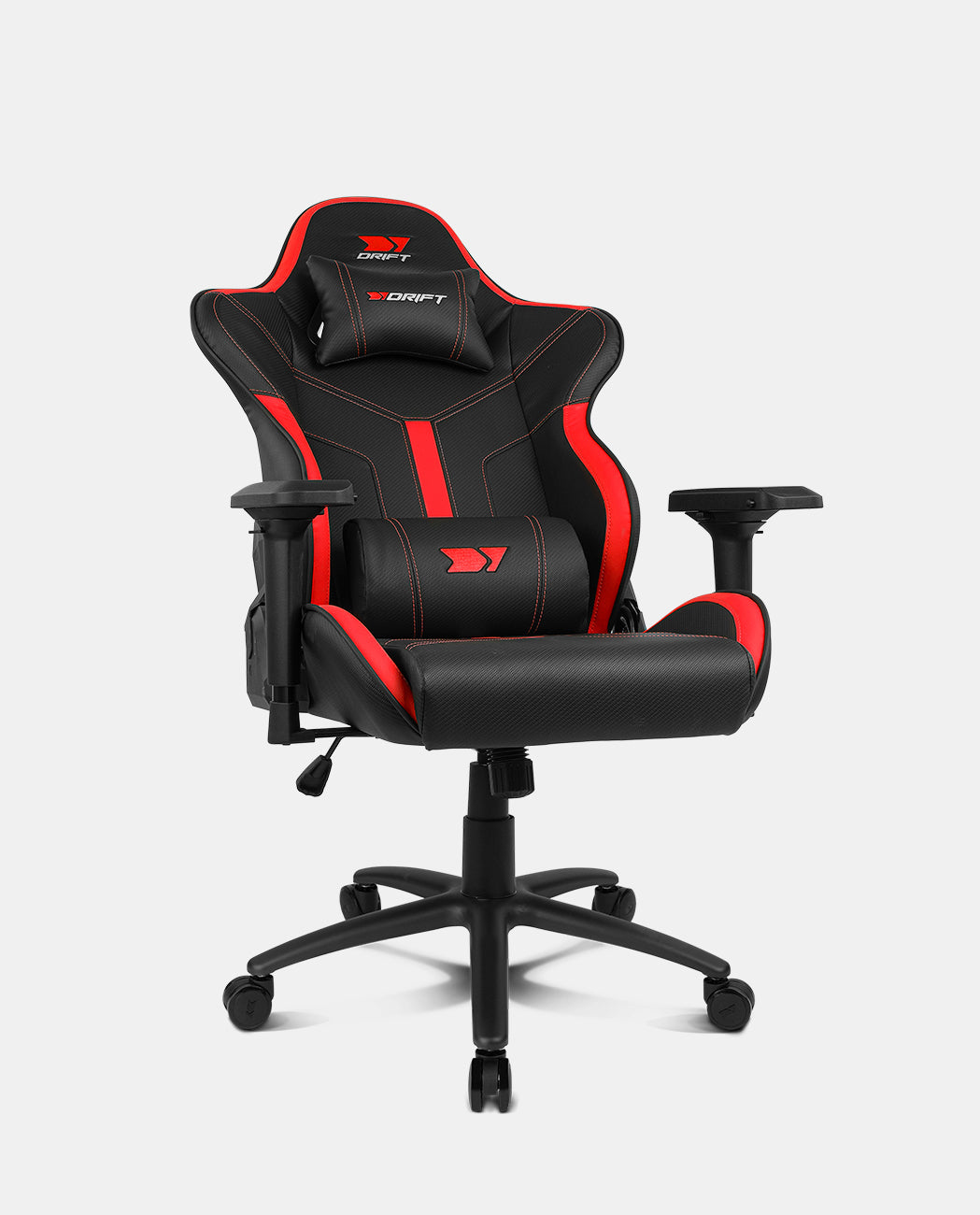 Ein schwarzer und roter Gaming-Stuhl im Rennstil mit Lenden- und Kopfstützenkissen.