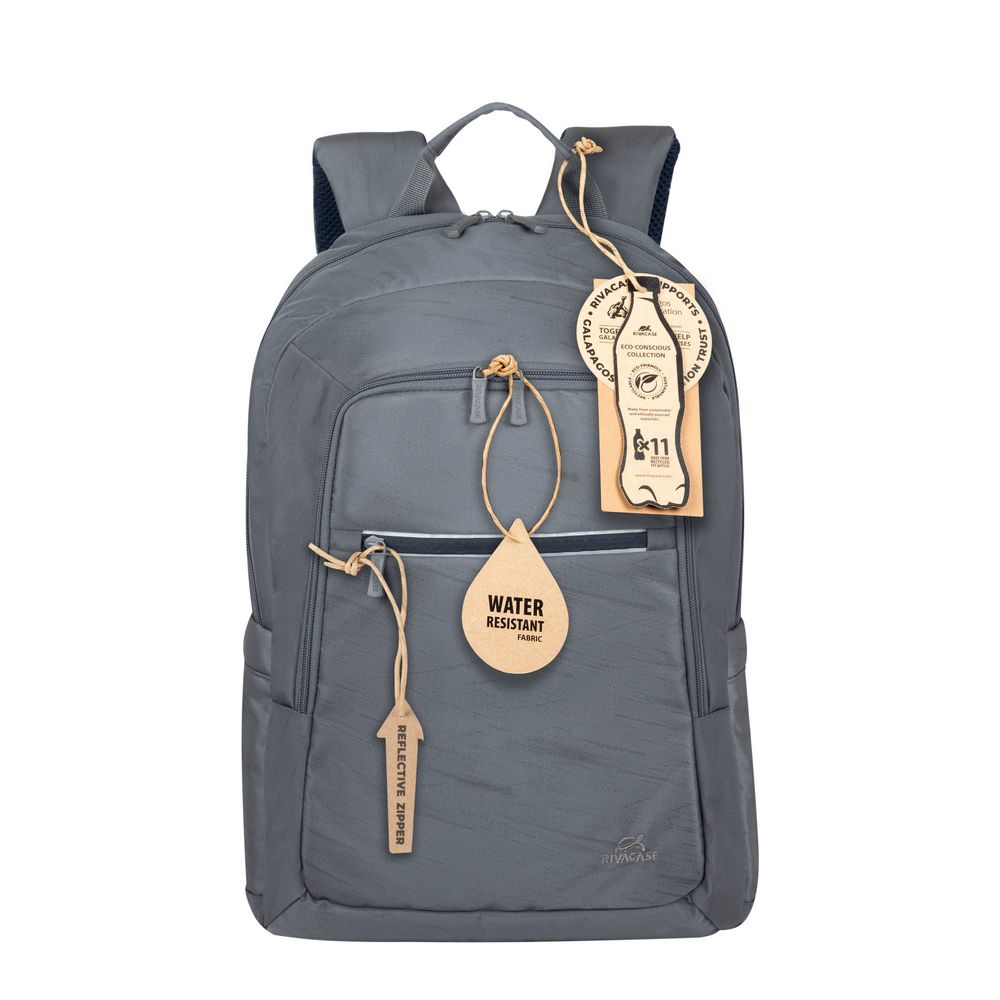 Grauer Rucksack mit Anhängern, einer für „Water Resistant Fabric“ und einer für „Reflective Zipper“.