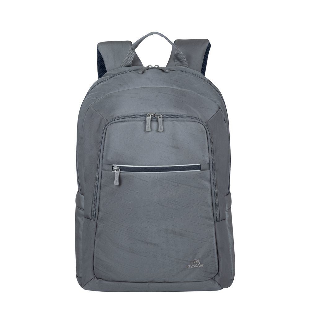 Ein grauer Rucksack mit zwei Hauptfächern und einer Fronttasche mit Reißverschlüssen.