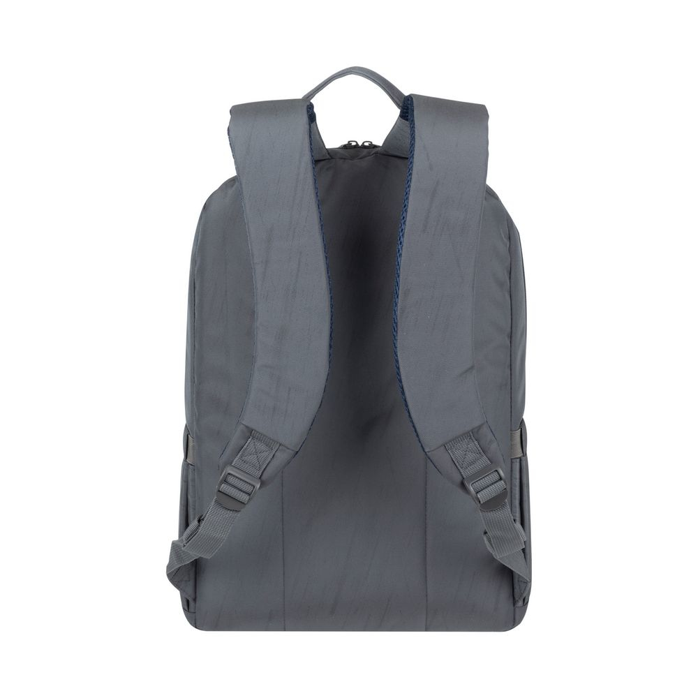Rückansicht eines grauen Rucksacks mit verstellbaren Trägern und blauer Paspel.