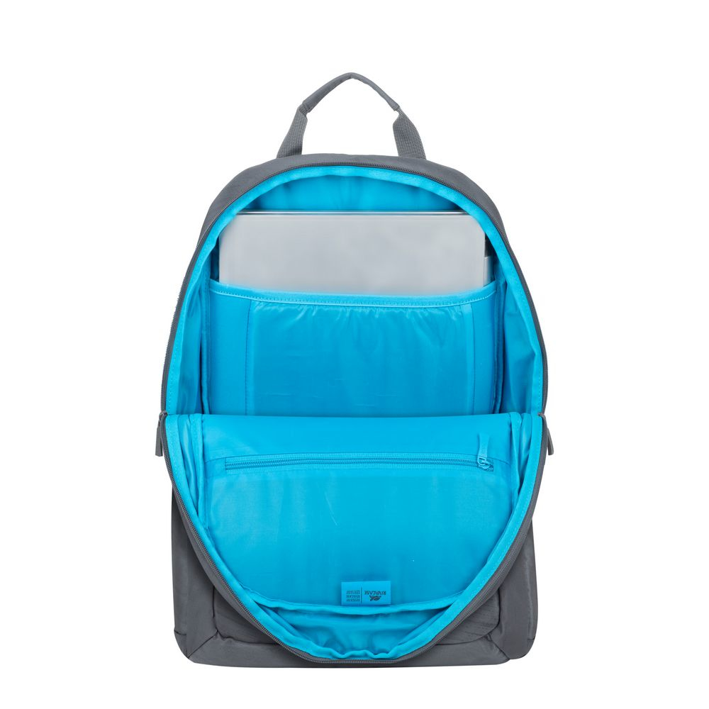 Grauer Rucksack mit hellem blauen Innenleben, zeigt ein Laptopfach.