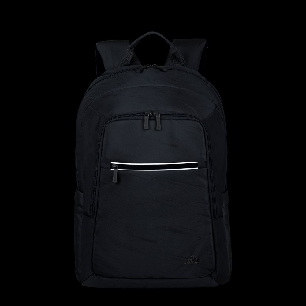 Ein schwarzer Rucksack mit Reißverschlüssen und weißen Streifen.