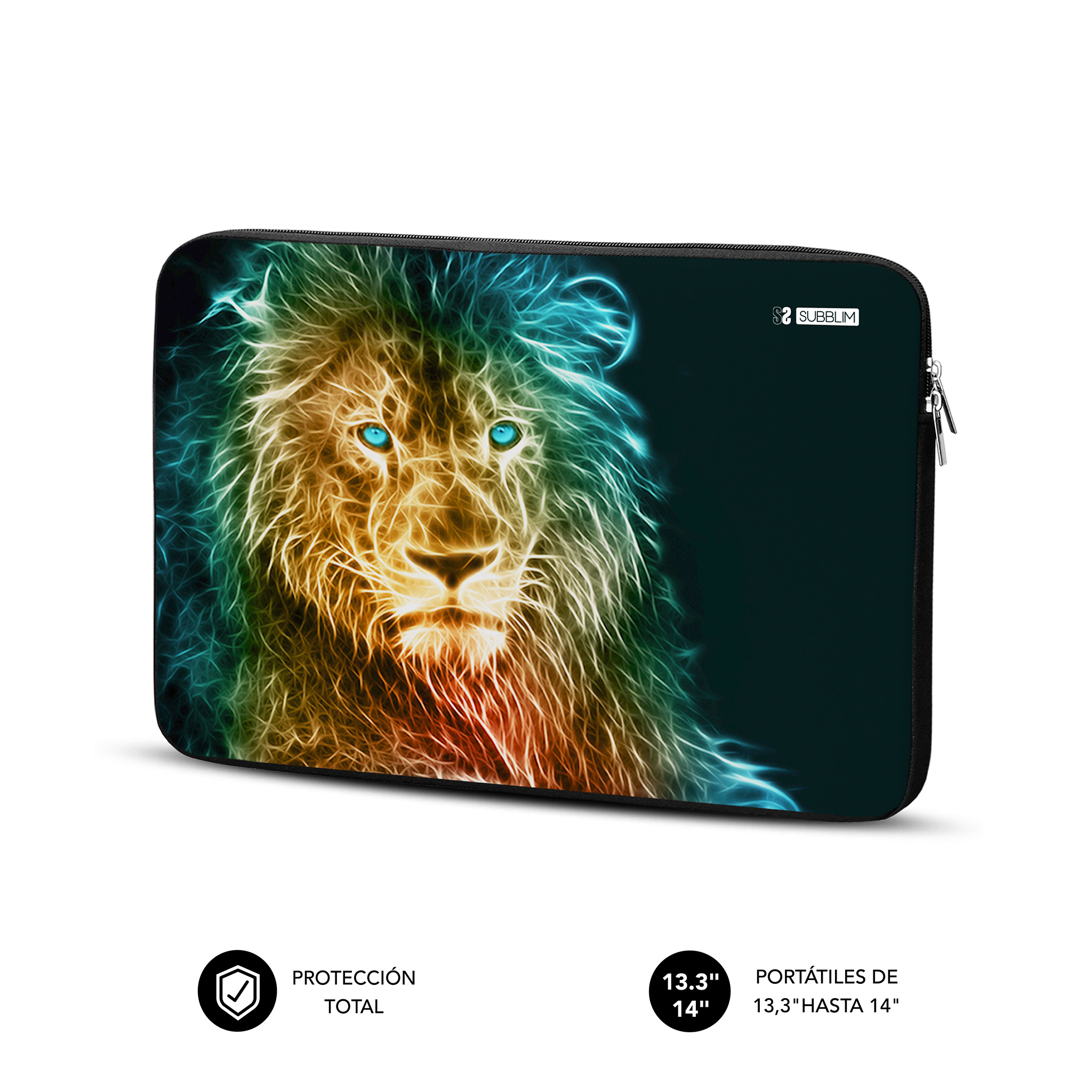 Funda de portátil con diseño de cabeza de león neón brillante.