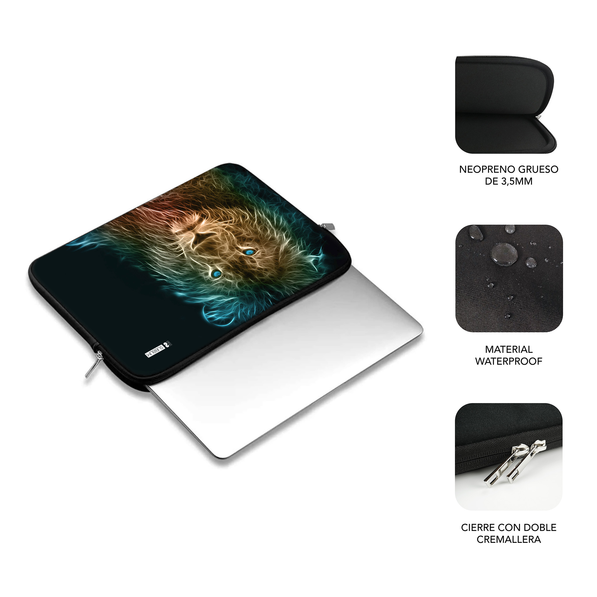 Custodia per laptop con design testa di leone luminosa, neoprene, impermeabile.