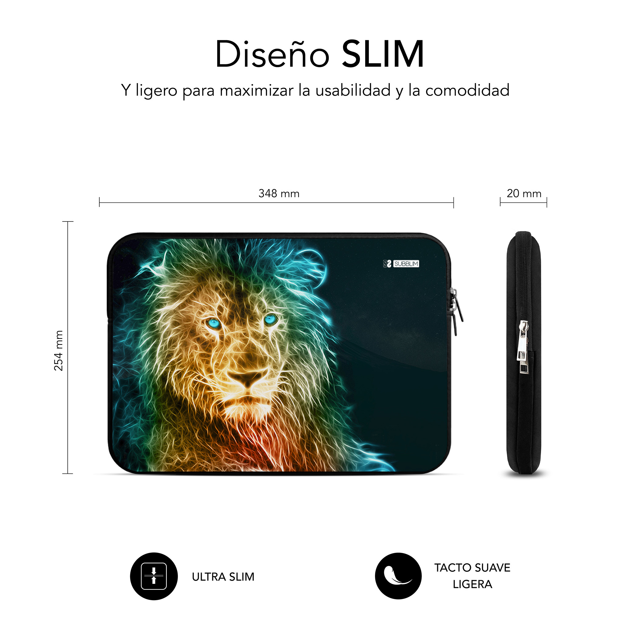 Funda delgada para portátil con diseño de león, 348x254x20 mm.