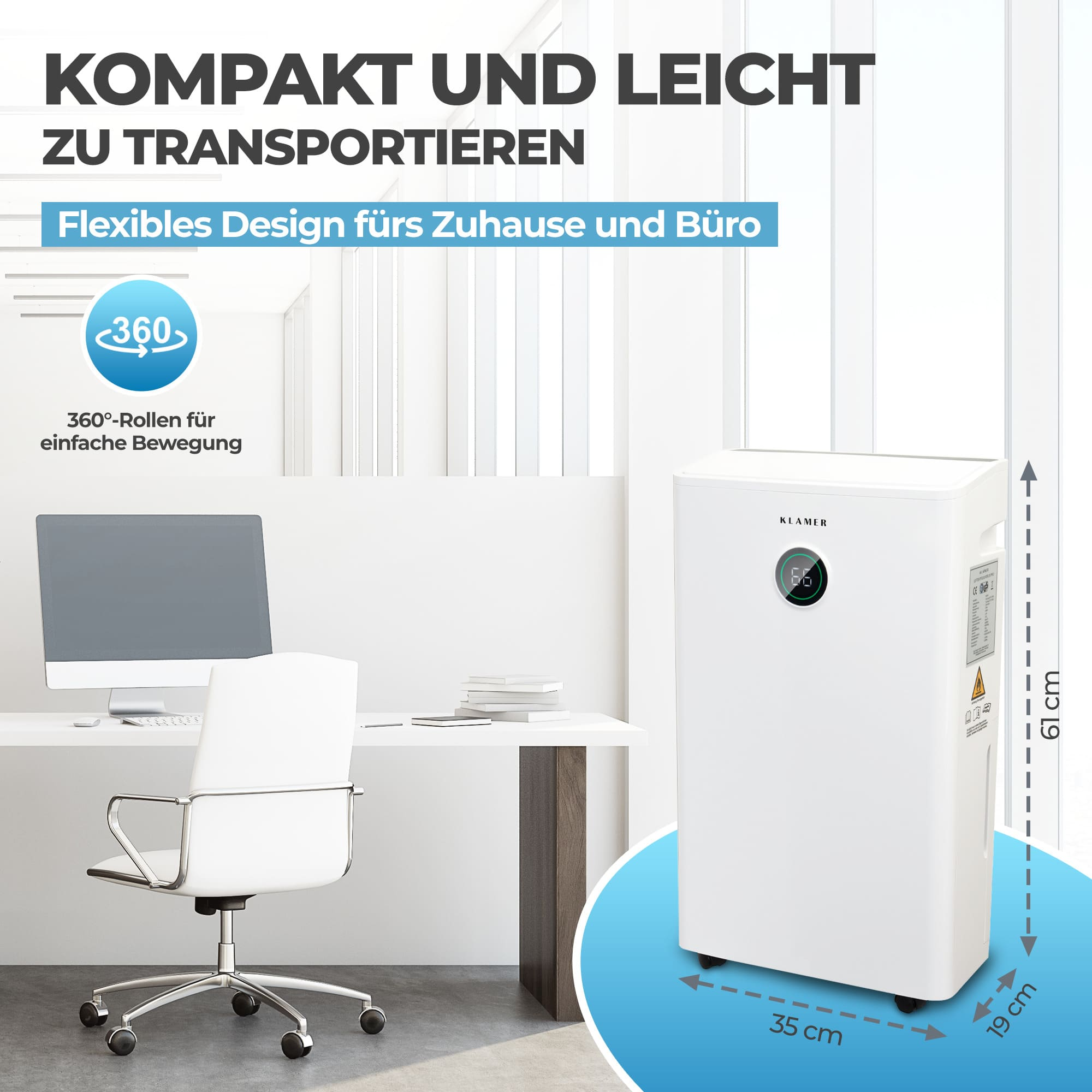Ein weißer Luftentfeuchter neben einem Schreibtisch mit Computer und Stuhl.