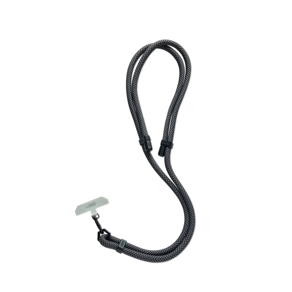 Cordón gris con gancho negro y adaptador para teléfono.