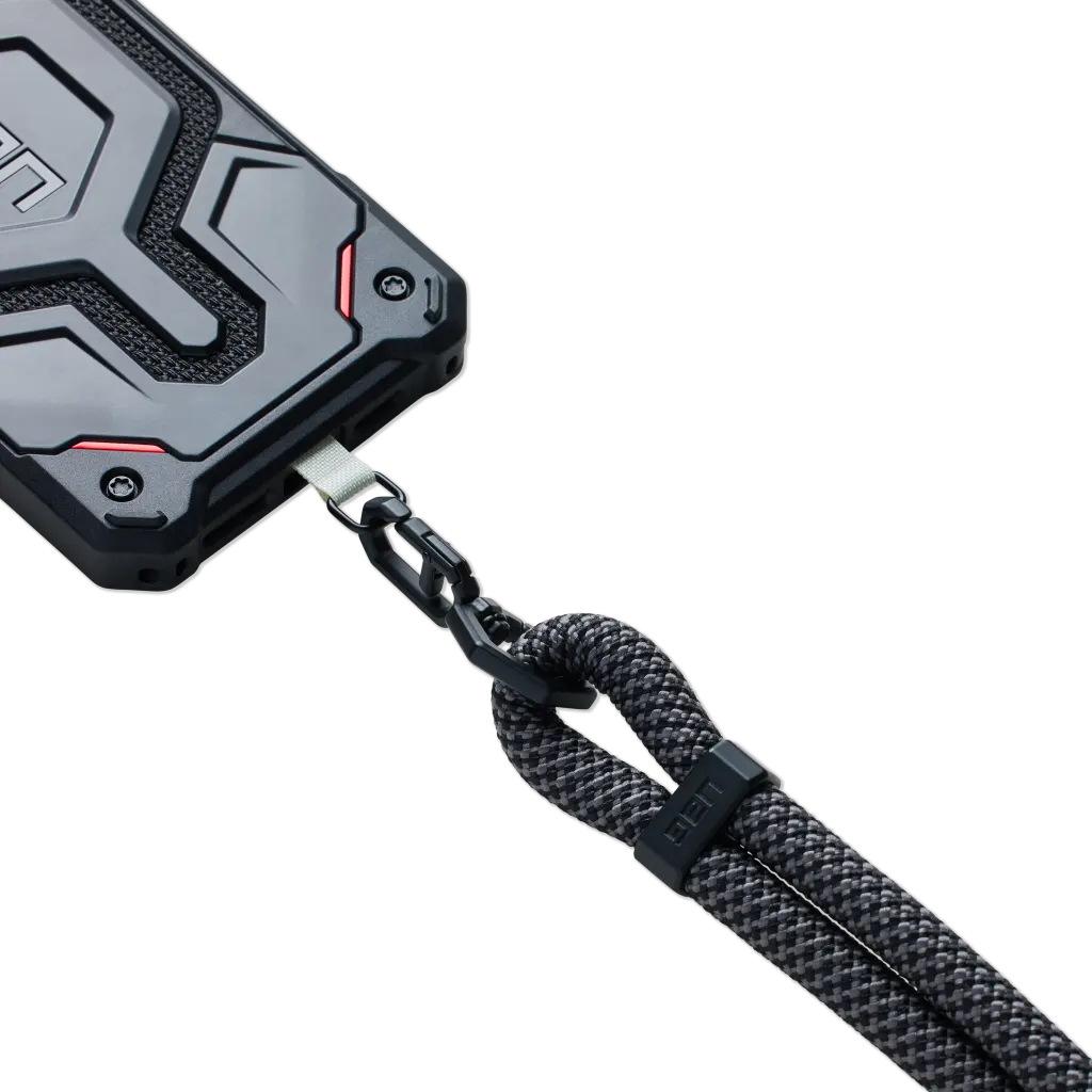Funda de teléfono negra resistente con correa trenzada gris unida por clip.