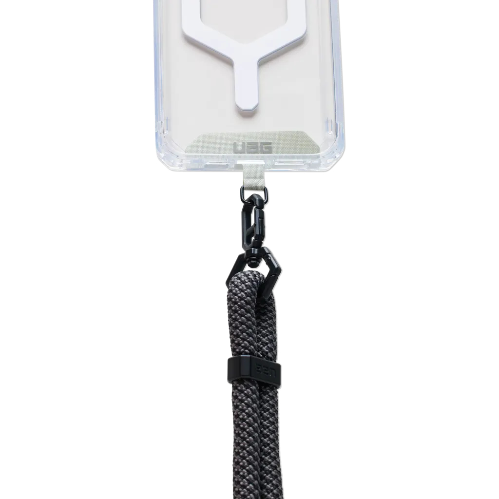 Una funda de teléfono transparente con soporte blanco en forma de Y y cordón negro.