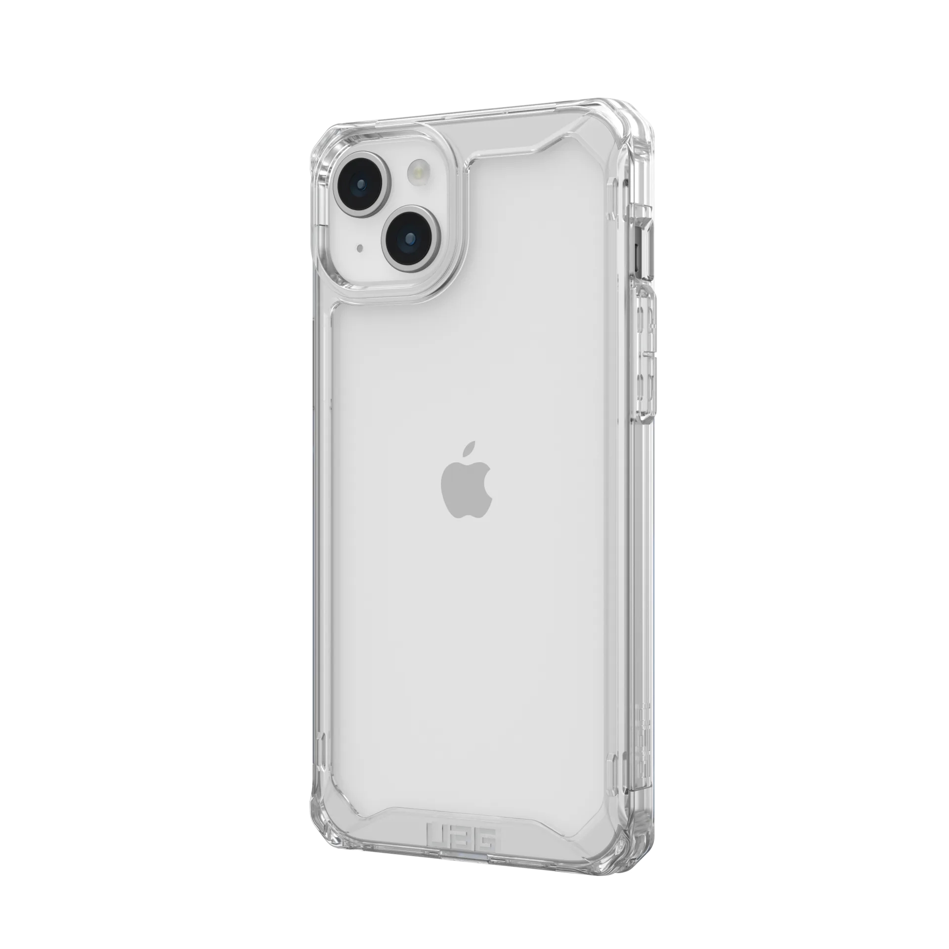 Una custodia trasparente per iPhone con logo Apple e doppia fotocamera.