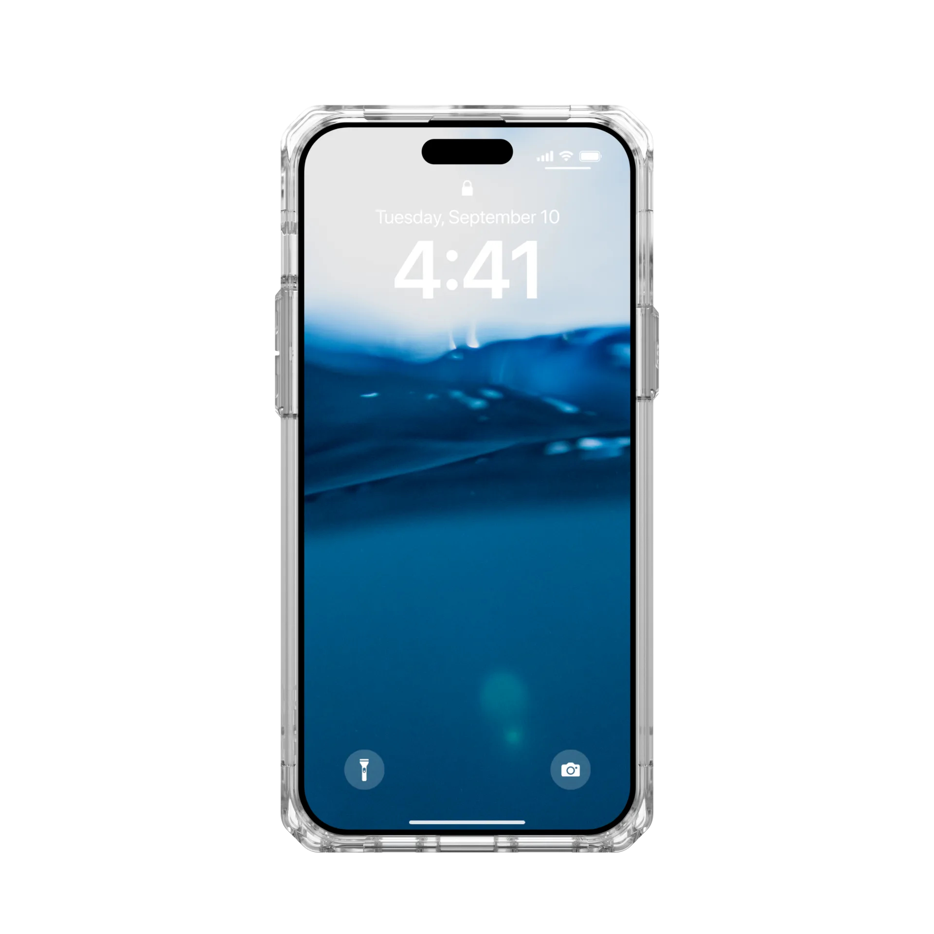 Un telefono trasparente che mostra le 4:41 e uno sfondo di onde blu.