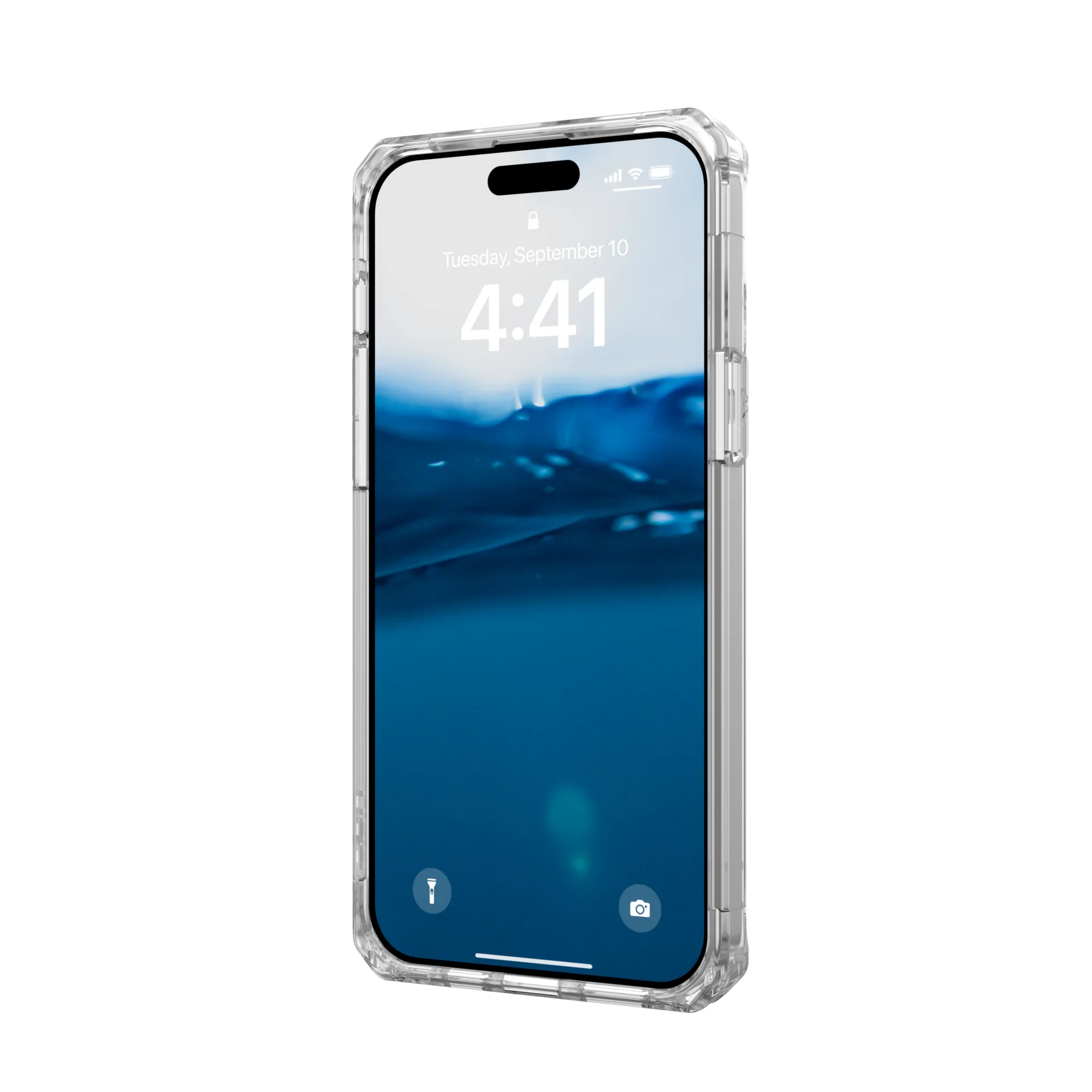 Una custodia trasparente per telefono con uno smartphone che mostra acqua sulla schermata di blocco.