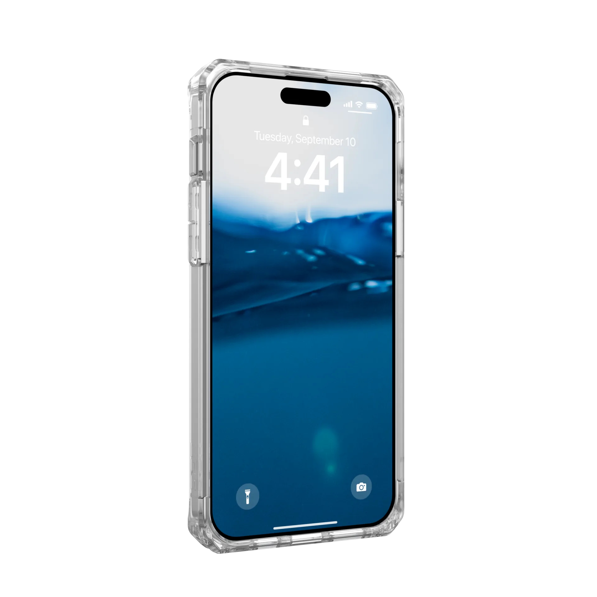Una custodia trasparente per iPhone con sfondo blu d'acqua.